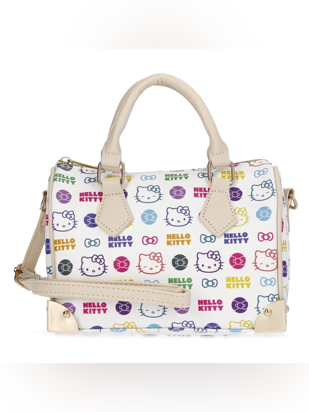 Sanrio Hello Kitty Mini Crossbody Bag -Multicolor Logo Purse - White and Beige